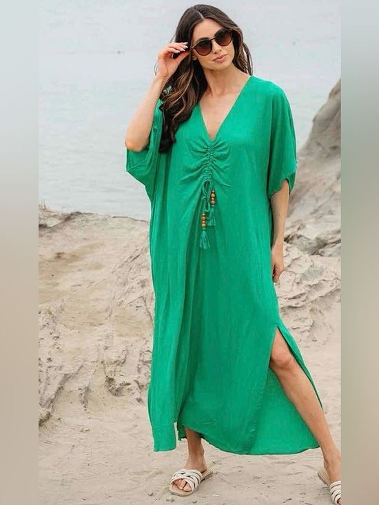 Other - 0298. Green V-Neck Ruched Kaftan